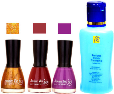 

Fashion Bar stengthening Nail Polish Remover And Glitter Gold,Red,Purple Shades Nail Polish 52425(Set of 4)