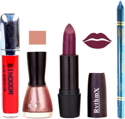 

Rythmx Jamini Lipstick Shimmer Light Pink Shade Nail Polish Sindoor and Non Pro Transfer Turquoise Blue Kajal Combo kit 9931(Set of 4)