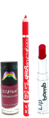 

Color Fever Red Lip Bomb Lipstick + Lip Liner+Nail Polish Combo 240320168(Set of 3)
