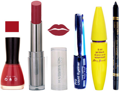 

Rythmx Intense Matte True some pink Shade Lipstick, Mauve Nail Polish,Black Eyeliner,Mascara, And Stay On Black Kajal 7301(Set of 5)