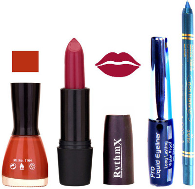

Rythmx Light Brown Nail Polish Mauve Lipstick With Eyeliner and Pro Non Transfer Blue Kajal 580113(Set of 4)