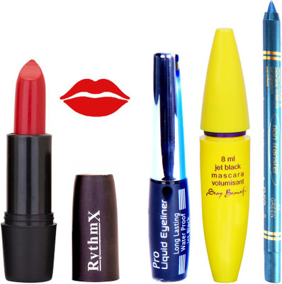 

Rythmx Merry Red Lipstick Bold Look Eyeliner Non Pro Transfer Turqoise Blue Kajal Jet Black Volumisant Mascara Kit 3094(Set of 4)