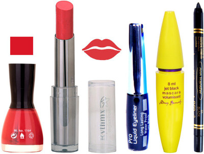 

Rythmx Intense Matte Peaches pink Shade Lipstick, Parl Pink Polish,Black Eyeliner,Mascara, And Stay On Black Kajal 7294(Set of 5)