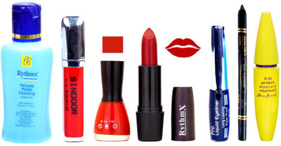

Rythmx Rose Red Lipstick Red Nail Polish Remover Eye Liner Sindoor Black Kajal Maskara 48(Set of 7)