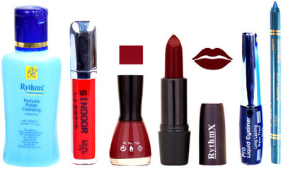 

Rythmx Maroon Lipstick Maroon Nail Polish Remover Eye Liner Sindoor Turquoise Blue Kajal Combo Kit 8892(Set of 6)
