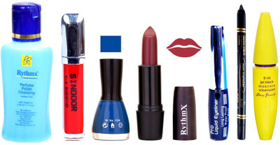 

Rythmx Mauve Lipstick Blue Nail Polish Remover Eye Liner Sindoor Pro Non Transfer Black Kajal Maskara Combo Kit 2807(Set of 7)