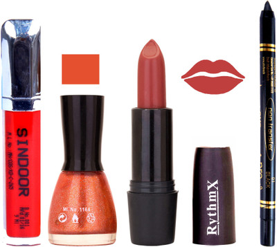 

Rythmx Pinkish Peach Lipstick Glitter Orange Nail Polish Non Transfer Black kajal Sindoor 144(Set of 4)
