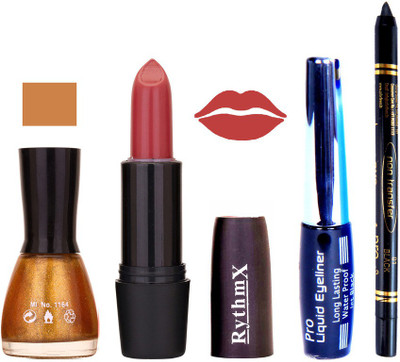 

Rythmx Glitter Gold Nail PolishBrowny Red Lipstick With Eyeliner and Pro Non Transfer Black Kajal 68110(Set of 4)