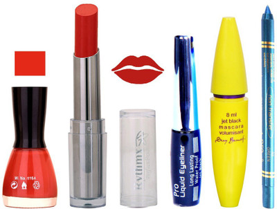 

Rythmx Intense Matte Red Shade Lipstick, Redish Nail Polish,Black Eyeliner,Mascara, And Turquoise Blue Kajal 628(Set of 5)