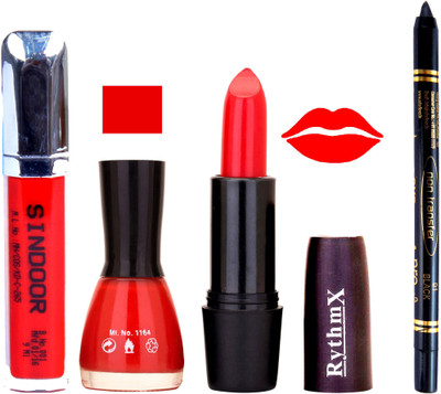 

Rythmx Orange Lipstick Red Nail Polish Non Transfer Black kajal Sindoor 159(Set of 4)