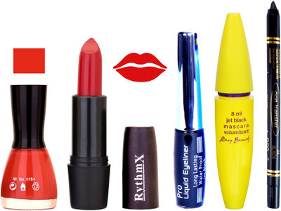 

Rythmx Marry Red Lipstick Orangy Brown Nail Polish With Black EyeLiner Zed Black Kajal and Volumisant Express MasCara Q(Set of 5)