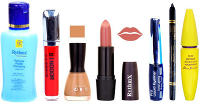 

Rythmx Browny Peach Lipstick Musted Nail Polish Remover Eye Liner Sindoor Pro Non Transfer Black Kajal Maskara Combo Kit 2862(Set of 7)