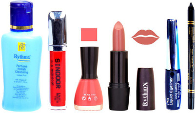 

Rythmx Light Pink Lipstick Light Pink Nail Polish Remover Eye Liner Sindoor Black Kajal Combo Kit 9864(Set of 6)