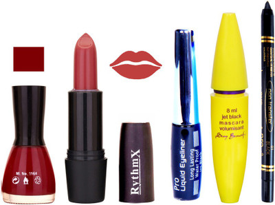 

Rythmx Gajri Shades Lipstick Merry Red Nail Polish With Black EyeLiner Zed Black Kajal and Volumisant Express MasCara O(Set of 5)