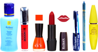 

Rythmx Red Lipstick Orange Nail Polish Remover Black EyeLiner Sindoor Turquoise Blue Kajal Maskara 3(Set of 7)