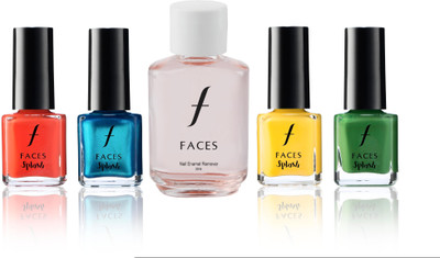 

Faces Splash Nail Enamel Atomic Orange+Cerulean+Aurolean+Go Green+Nail Enamel Remover(Set of 5)
