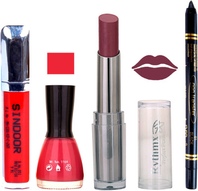 

Rythmx Lipstick Sindoor,Nail Polish,Black Kajal Makeup Pack Combo 630(Set of 4)