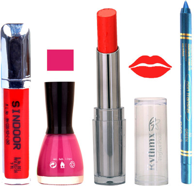 

Rythmx Lipstick Sindoor,Nail Polish,Turquois Blue Kajal Makeup Pack Combo 595(Set of 4)