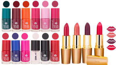 

Aroma Care 12 Piece Vibrant Color Nail Polish Combo Set With 4 Rythm Creamy Matte Lipstick Combo 99(Set of 16)