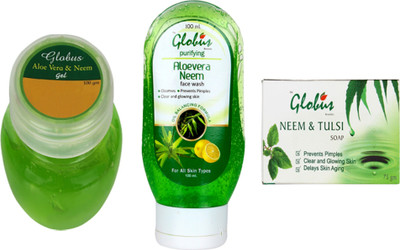 

Globus ALOE NEEM FACE WASH, ALOEVERA FACE GEL & NEEMTUSLI HERBAL SOAP COMBO PACK(Set of 3)