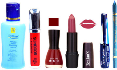 

Rythmx Pinkish Purple Lipstick Maroon Nail Polish Remover Eye Liner Sindoor Turquoise Blue Kajal Combo Kit 8912(Set of 6)