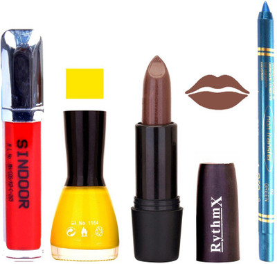 

Rythmx Brown Lipstick Yellow Shade Nail Polish Sindoor and Non Pro Transfer Turquoise Blue Kajal Combo kit 9902(Set of 4)