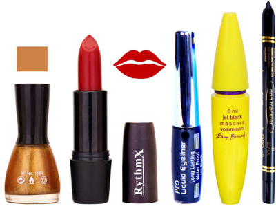

Rythmx RedLipstick Glitter Gold Nail Polish With Black EyeLiner Zed Black Kajal and Volumisant Express MasCara YZ(Set of 5)