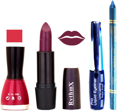 

Rythmx Pink Nail PolishDark Jamini Lipstick With Eyeliner and Pro Non Transfer Blue Kajal 580127(Set of 4)