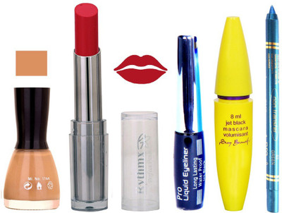 

Rythmx Intense Matte Redish Shade Lipstick, Musted Nail Polish,Black Eyeliner,Mascara, And Turquoise Blue Kajal 642(Set of 5)