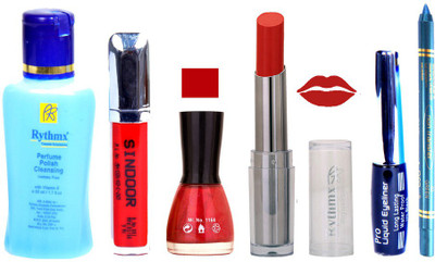 Rythmx Lipstick And Nail Polish + Eyliner + Sindoor + Remover + Kajal Makeup Combo Pack(Set of 6)