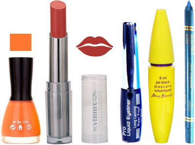 

Rythmx Intense Matte Pure Brown Shade Lipstick, Peach Nail Polish,Black Eyeliner,Mascara, And Turquoise Blue Kajal 640(Set of 5)