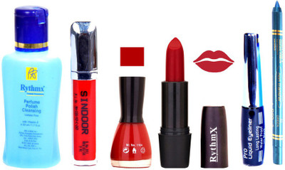

Rythmx Rose Red Lipstick Red Nail Polish Remover Eye Liner Sindoor Turquoise Blue Kajal Combo Kit 8896(Set of 6)