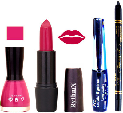 

Rythmx Mazanta Nail Polish Mazanta Lipstick With Eyeliner and Pro Non Transfer Black Kajal 68100(Set of 4)