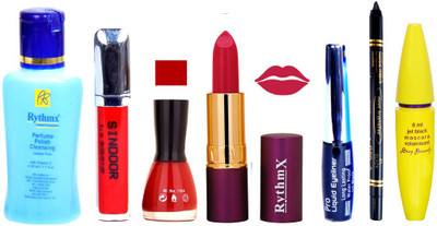 

Rythmx Lipstick ,Polish Remover, Sindoor, Nail Polish,EyeLiner,Black Kajal, Mascara, Makeup kit Combo 14078(Set of 7)