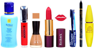 

Rythmx Lipstick ,Polish Remover, Sindoor, Nail Polish,EyeLiner,Black Kajal, Mascara, Makeup kit Combo 14124(Set of 7)