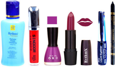 

Rythmx Mauve Lipstick Purple Nail Polish Remover Eye Liner Sindoor Black Kajal Combo Kit 9858(Set of 6)
