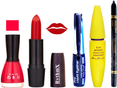 

Rythmx Red Lipstick Lovly Pink Nail Polish With Black EyeLiner Zed Black Kajal and Volumisant Express MasCara LL(Set of 5)