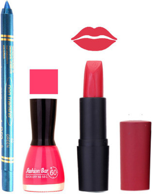 

Fashion Bar Nail Polish , otg Lipstick , Turquoise Blue Kajal Combo57(Set of 3)