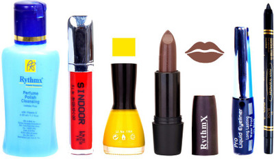 

Rythmx Brown Lipstick Yellow Nail Polish Remover Eye Liner Sindoor Black Kajal Combo Kit 9803(Set of 6)