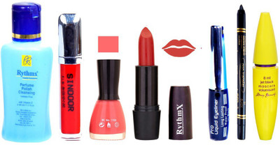 

Rythmx Glorious Red Lipstick Baby Pink Nail Polish Remover Eye Liner Sindoor Pro Non Transfer Black Kajal Maskara Combo Kit 2863(Set of 7)