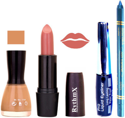

Rythmx Musted Nail Polish Browny Purple Lipstick With Eyeliner and Pro Non Transfer Blue Kajal 580151(Set of 4)