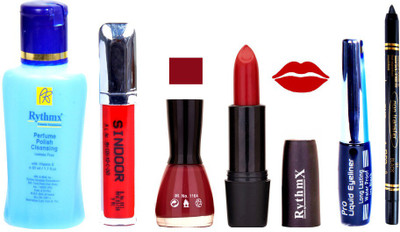 

Rythmx Mauvish Red Lipstick Maroon Nail Polish Remover Eye Liner Sindoor Black Kajal Combo Kit 9816(Set of 6)