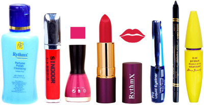 

Rythmx Lipstick ,Polish Remover, Sindoor, Nail Polish,EyeLiner,Black Kajal, Mascara, Makeup kit Combo 14086(Set of 7)