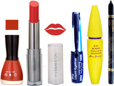

Rythmx Intense Matte Red delight Shade Lipstick, Brownish Pink Nail Polish,Black Eyeliner,Mascara, And Stay On Black Kajal 7307(Set of 5)