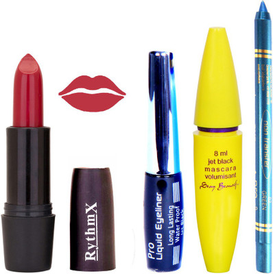 

Rythmx Hot Redish Pink Lipstick Bold Look Eyeliner Non Pro Transfer Turqoise Blue Kajal Jet Black Volumisant Mascara Kit 3092(Set of 4)