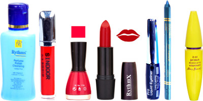 

Rythmx Red Lipstick Neon Pink Nail Polish Remover Skinny Liquid EyeLiner Sindoor Pro Non Transfer Turquoise Blue Kajal Bold Look Maskara Color Fever Kit 6856(Set of 7)