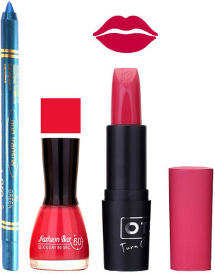 

Fashion Bar Nail Polish , otg Lipstick , Turquoise Blue Kajal Combo109(Set of 3)