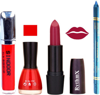 

Rythmx Orange Lipstick rose Mauve Shade Nail Polish Sindoor and Non Pro Transfer Turquoise Blue Kajal Combo kit 9930(Set of 4)