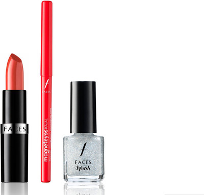 

Faces Go Chic Lipstick Tango +Magneteyes Kajal+ Splash Nail Enamel Sparkles(Set of 3)