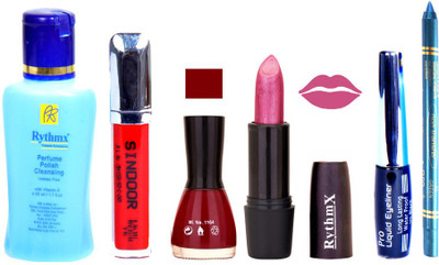 

Rythmx Shimmer Purple Lipstick Maroon Nail Polish Remover Eye Liner Sindoor Turquoise Blue Kajal Combo Kit 8900(Set of 6)